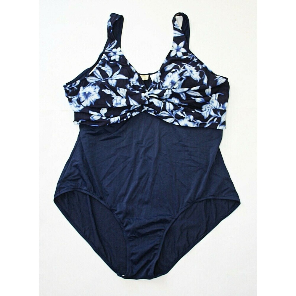 ISLANDER 1 Pc Swimsuit Plus Sz. 24W Twisted Front Blue White Solid & Floral  #03